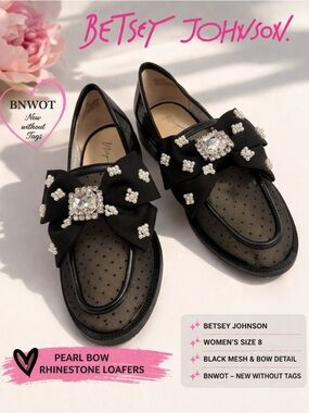 Betsey Johnson Seth Pearl Bow Mesh Loafers Rhinestone Flats Black Women’s 8